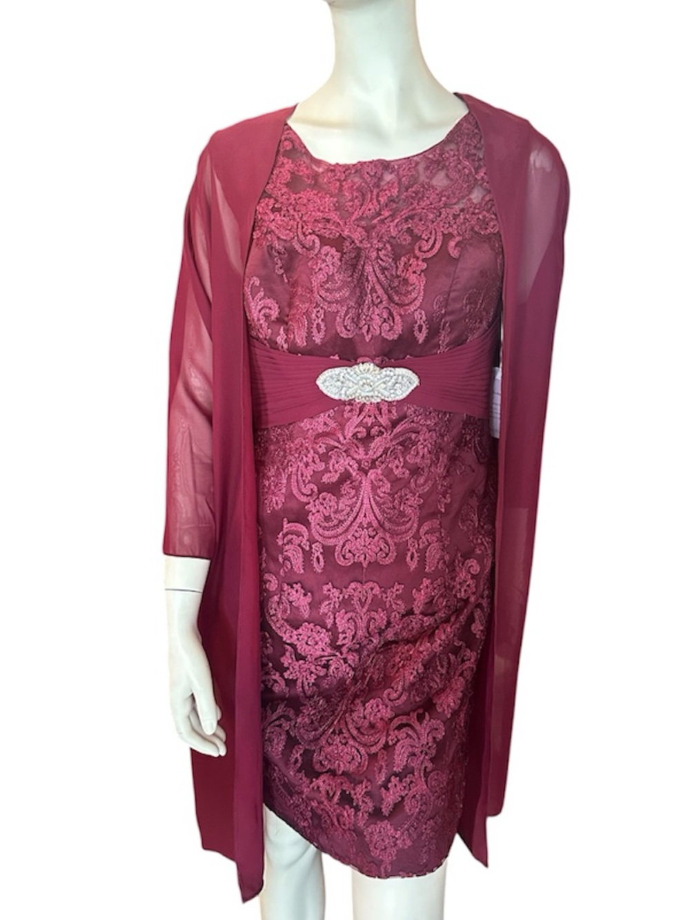 Wedding Dress Lace Overlay Sheath Dress w/Chiffon Duster Burgundy Size 10 NWT